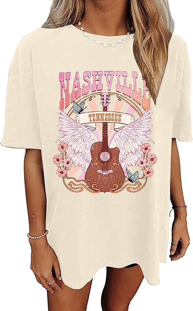 Oversized Rock Band T-Shirt Women Country Music Shirt Tops Nashville Music City Tshirt Vintage Gu... | Amazon (US)