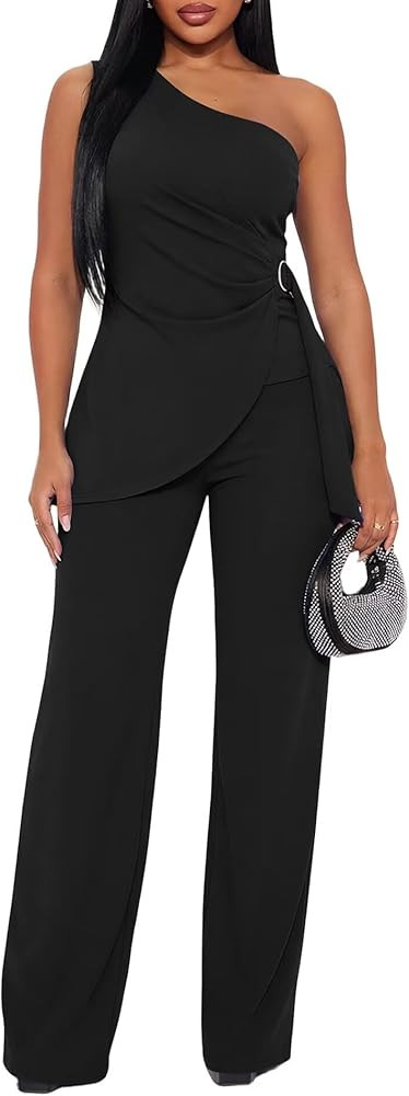 Women's 2 Piece Pants Suit Sexy One Shoulder Top Flare Pants Sets Elegant Jumpsuits Formal Going ... | Amazon (US)