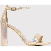 May Gold Holographic Block Heeled Sandals | PrettyLittleThing US