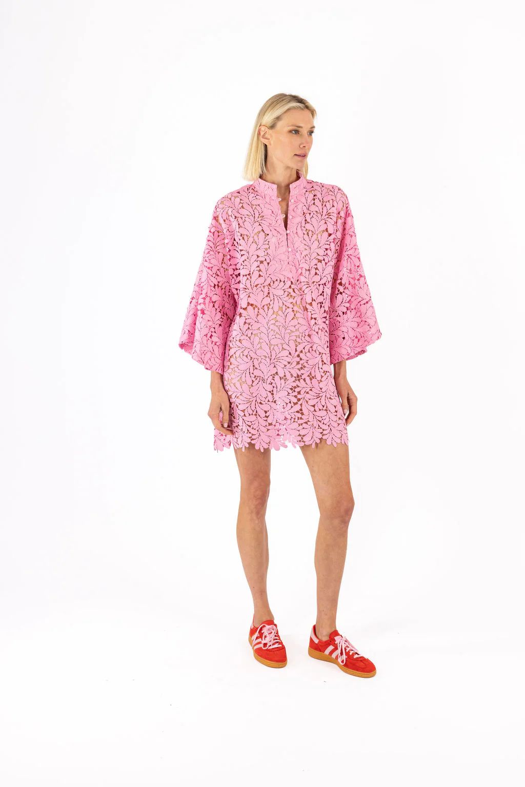 pink leafy lace mini caftan | La Vie Style House