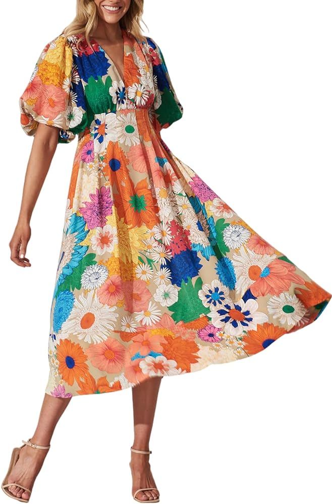 Women's Boho Floral Print Midi Dress Short Sleeve Summer Long Dress | Amazon (US)