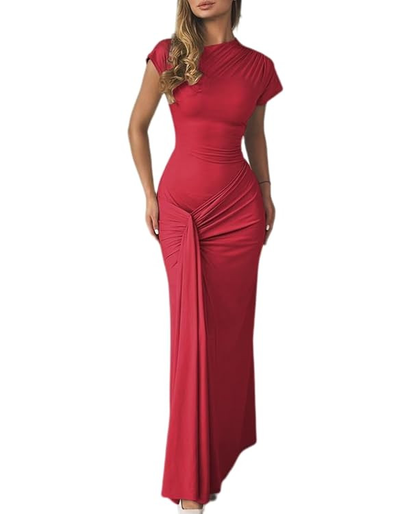 Mojessy Women Bodycon Maxi Dress Sexy Mock Neck Lace Up Bandage Ruched Short Sleeve Long Dress Co... | Amazon (US)