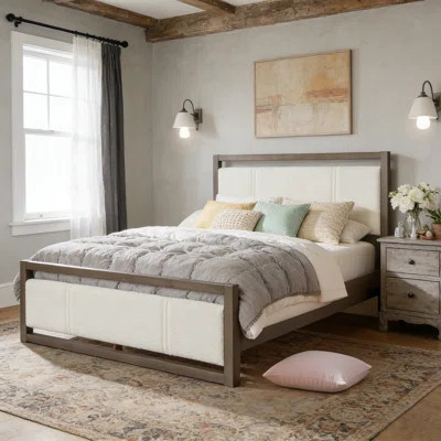 Queen Bed With Ivory Boucle Fabric Headboard, Wood Frame | Wayfair North America