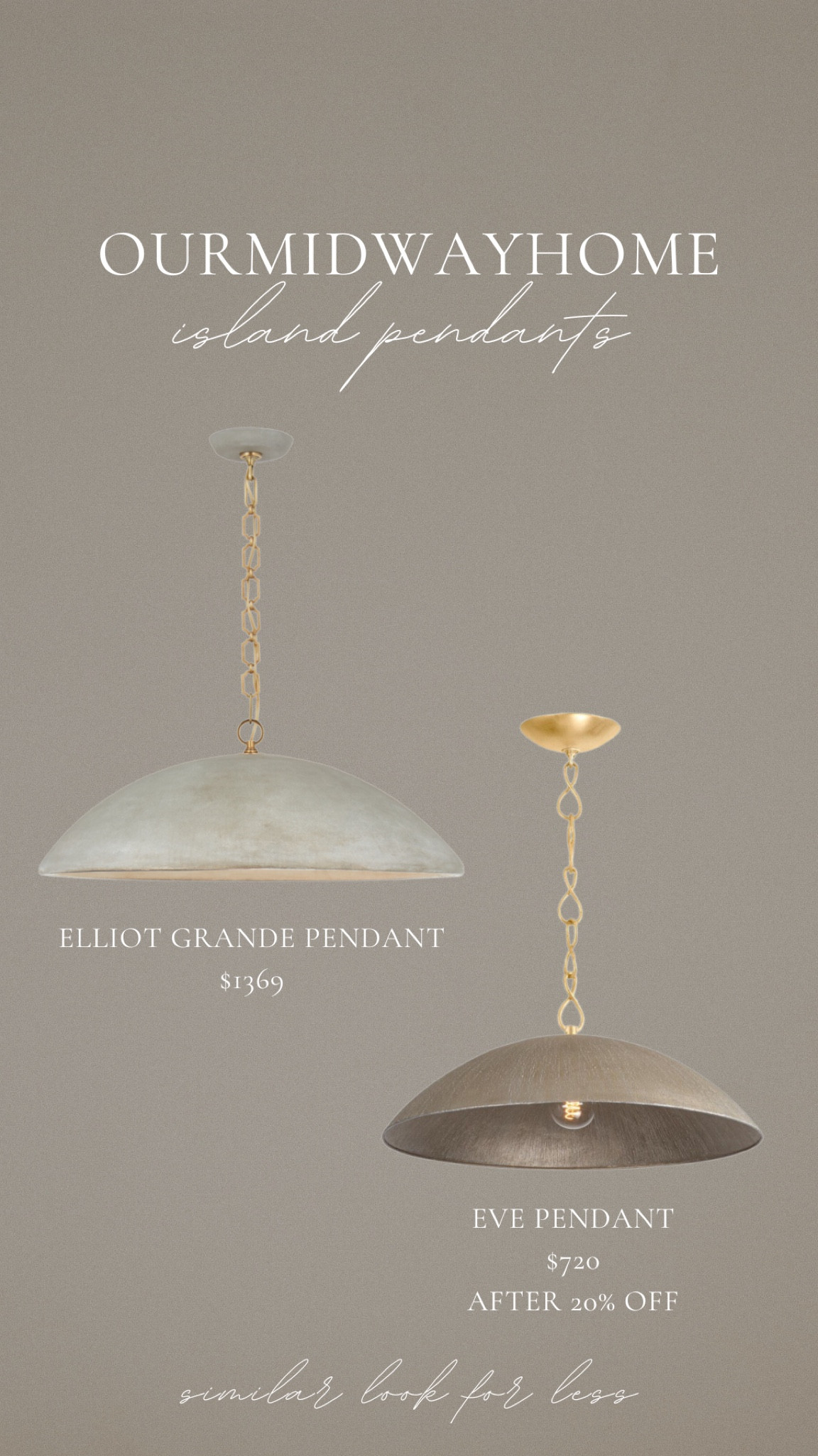 Our kitchen pendants we love but were a splurge, and a similar look for less! Don’t forget to apply 20% off your entire cart on your first purchase for the Eve pendants! 🩶

#LTKstyletip #LTKhome