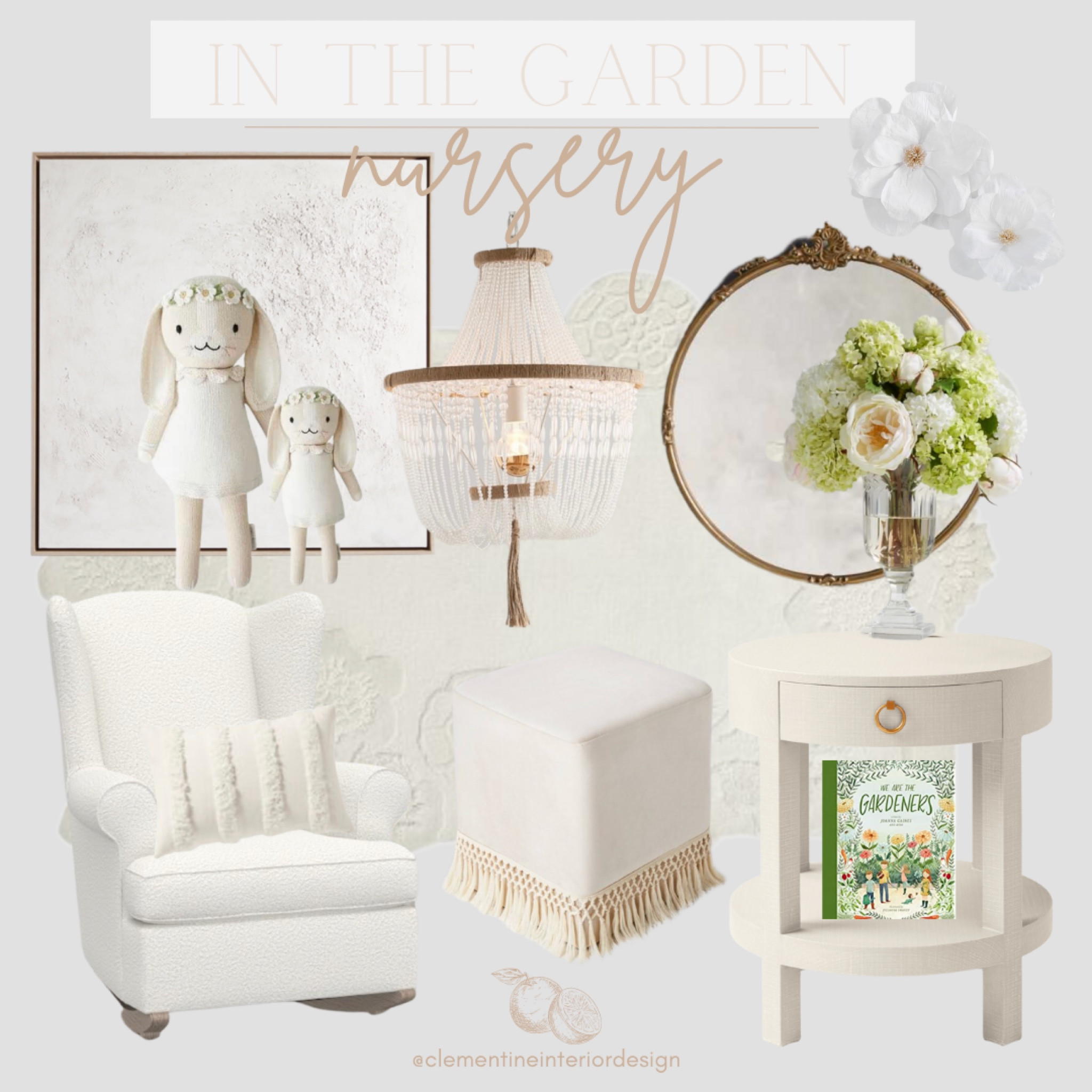 Take a walk through a french garden and smell the sweet aroma🤍

Kids room decor, kids books, floral arrangements, cuddle and kind dolls, antique mirror, crepe flowers, beaded chandelier, white wall art, fringe ottoman, rocking chair, nursery decor

#LTKbaby #LTKhome #LTKkids