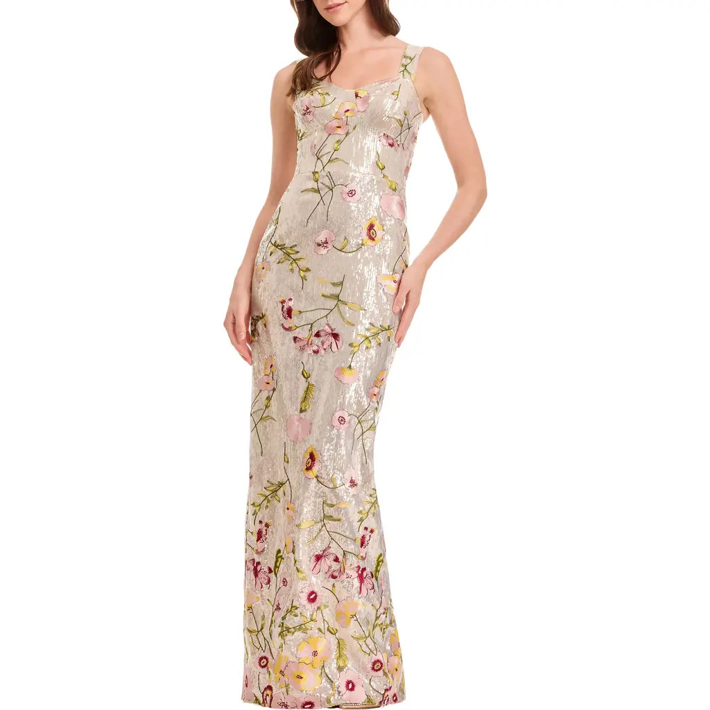 Dress the Population Reese Floral Sequin Sheath Gown in Champagne Multi at Nordstrom, Size Medium | Nordstrom