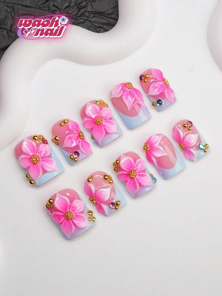 10pcs Square Shaped Handmade Nail Tips, Y2K Baddie Style, Nude & Blue Color With French Edge, Car... | SHEIN
