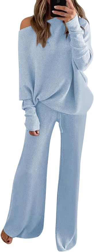 Linsery Womens 2 Piece Outfits One Shoulder Knit Sweater Pullovers Wide Leg Pants Sets Sweatsuit ... | Amazon (US)