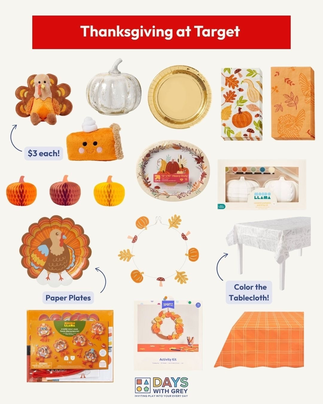 Target has great Thanksgiving decor, activities, and crafts. I love the tablecloth made to be colored and who can beat the $3 turkey or pumpkin pie?! 

#LTKFamily #LTKHoliday #LTKKids