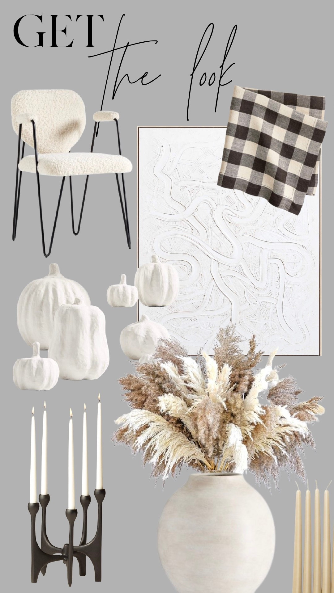 Get the look with cozy neutrals and modern rustic accents—bouclé seating, textured art, plaid textiles, sculptural candleholders, and organic details like pampas stems and painted pumpkins. Shop the exact pieces to bring this effortlessly chic fall look into your home.

#LTKHome #LTKSeasonal #LTKFindsUnder50