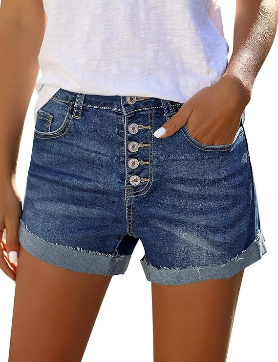 LookbookStore Women Summer Mid Waisted Cuffed Hem Buttons Denim Jean Shorts | Amazon (US)