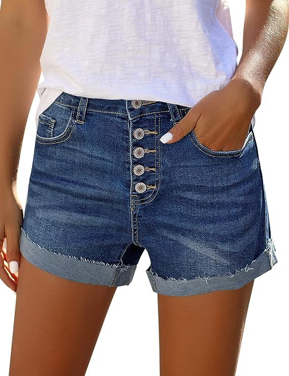 LookbookStore Women Summer Mid Waisted Cuffed Hem Buttons Denim Jean Shorts | Amazon (US)