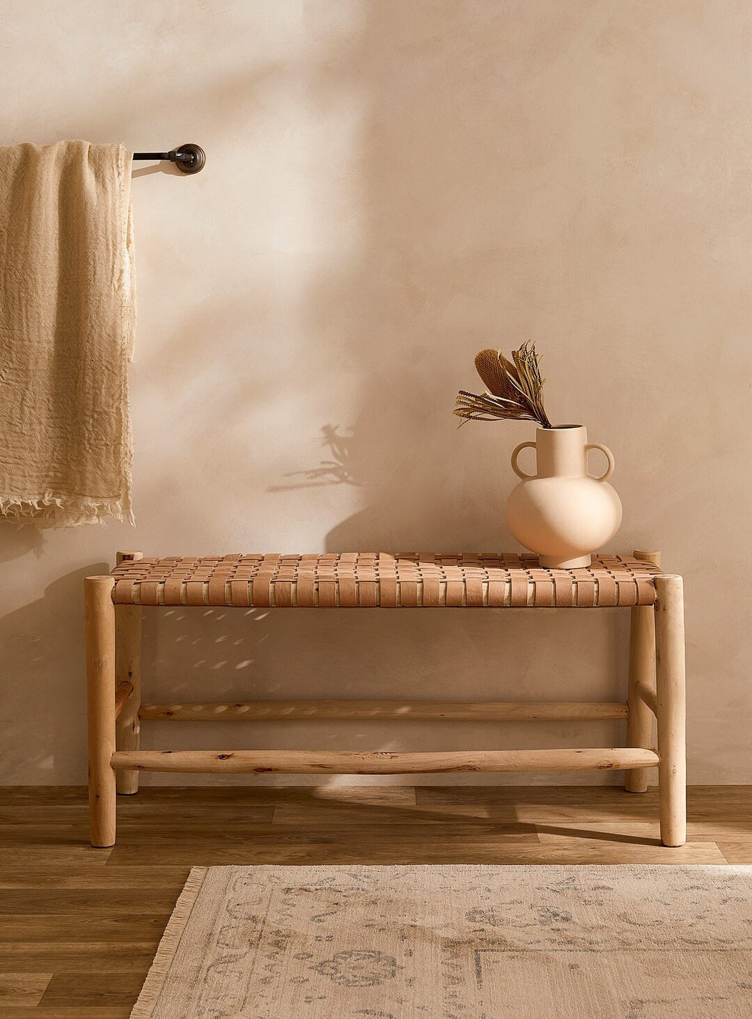 Leather Bench - Wood Bench - Natural Wood - Leather Seat - Woven Leather Bench - Handmade Bench -... | Etsy (CAD)