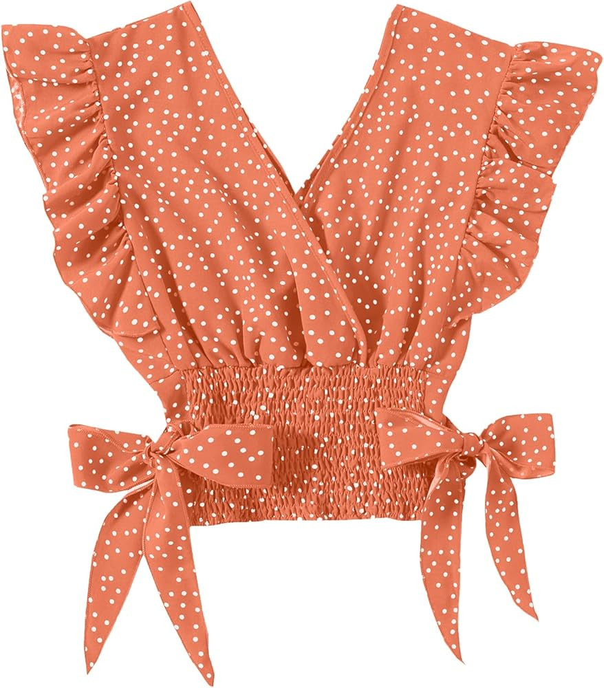 LYANER Women's Cute V Neck Ruffle Cap Sleeve Side Bow Shirred Hem Summer Crop Tank Tops Peplum Bl... | Amazon (US)