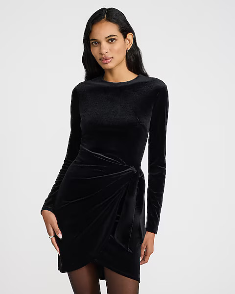 Velvet Crew Neck Long Sleeve Ruched Wrap Mini Dress | Express