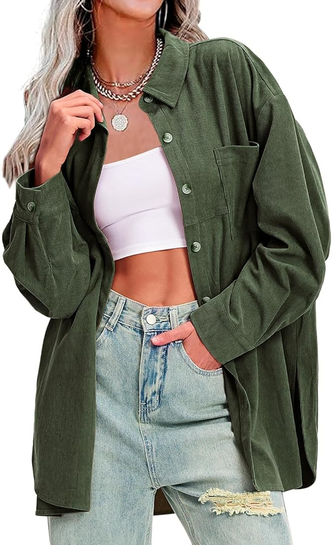EXLURA Womens Corduroy Shirts Oversized Button Down Long Sleeve Jacket Shackets Loose Blouses Fal... | Amazon (US)