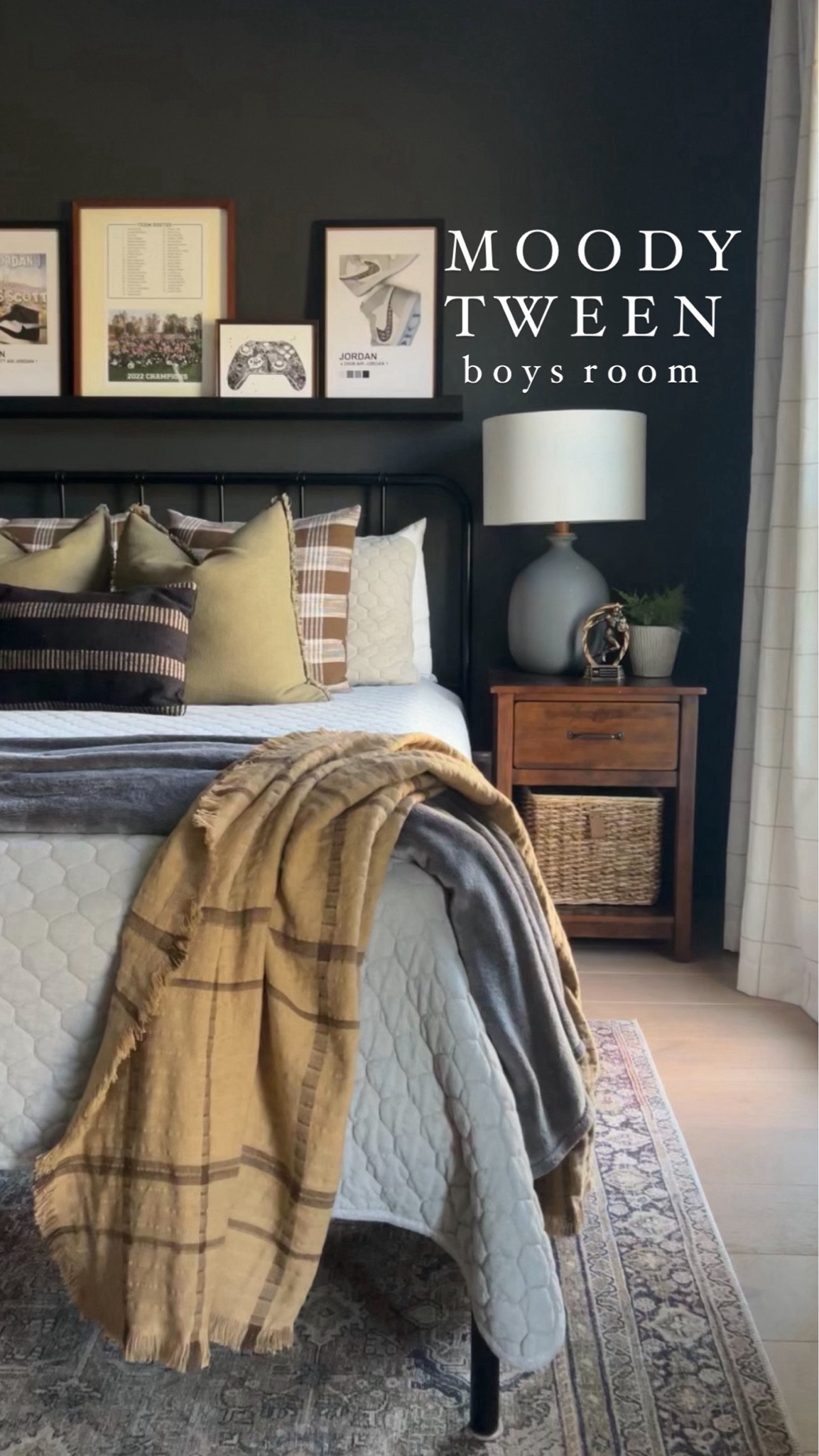 Moody tween boys bedroom | tween boy room | masculine bedroom | gray quilt | masculine pillow covers | waffle knit blanket | plaid blanket | windowpane curtains | masculine curtain panels | loloi Olive charcoal rug | gray lamp | nightstand | boys bedroom art | teen boy room art 

#LTKhome #LTKkids #LTKfindsunder100