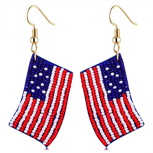 American Flag Earrings - Beaded Heart Star Flag Dangle Drop Patriotic Earrings for Women - Handma... | Amazon (US)