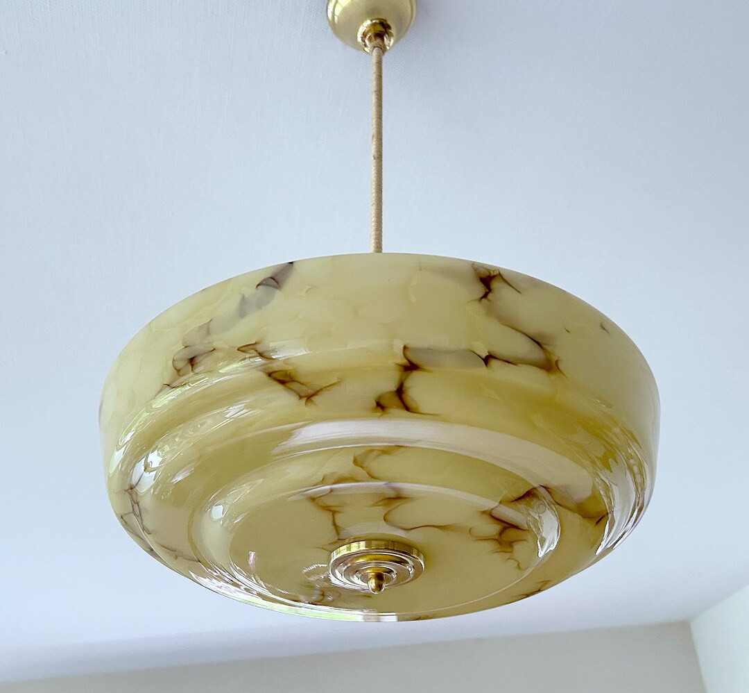 Stunning Large Art Deco Pendant Light, Vintage Retro Chandelier, Vanilla Amber Marble Glass Shade... | Etsy (US)