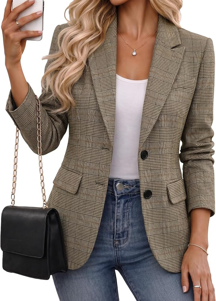 Mina Self Womens Fall Herringbone Blazer Tweed Pliad Jacket Business Casual | Amazon (US)