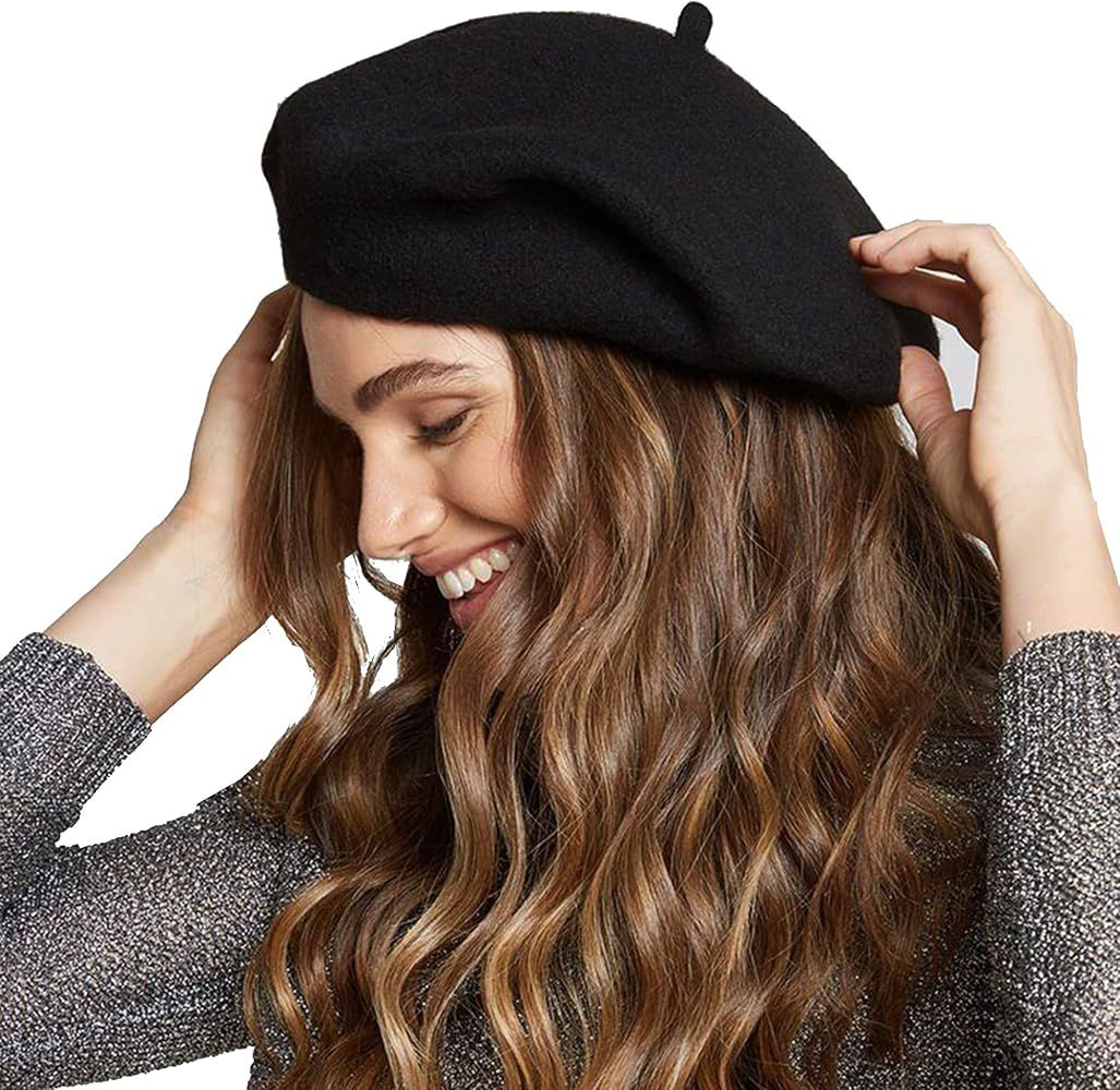 Womens Wool French Beret Chic Solid Beanie Hat Stretchable Classic Beret 22.5" for One Size | Amazon (US)