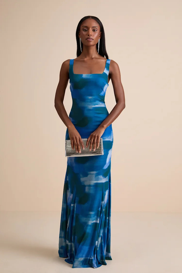 Zemina Blue Abstract Godet Pleated Mermaid Maxi Dress | Lulus
