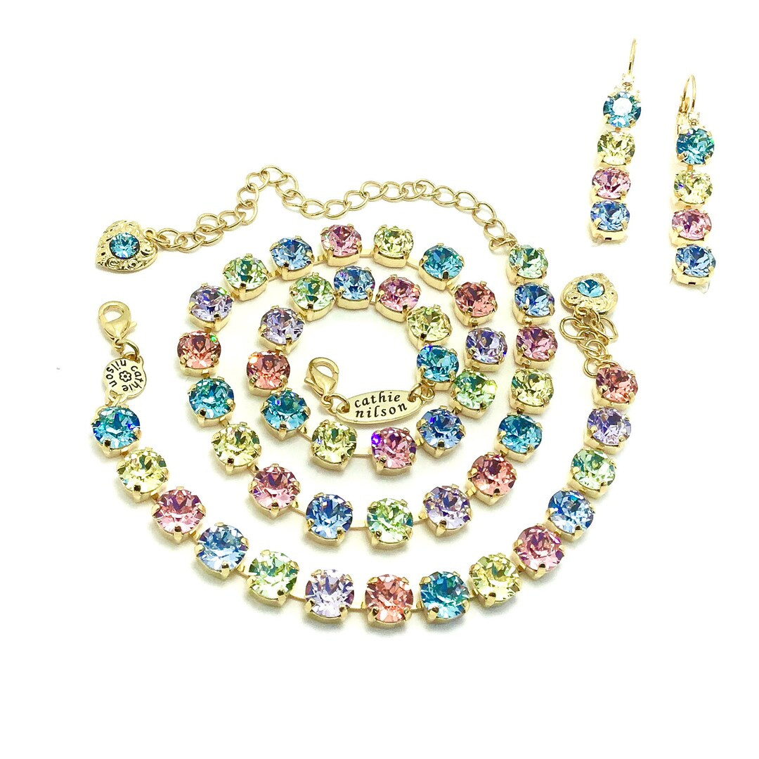 The Finest Crystal 8.5mm Pastel Rainbow Necklace Set Gorgeous Pink, Aqua, Lavender, Jonquil, Peac... | Etsy (US)