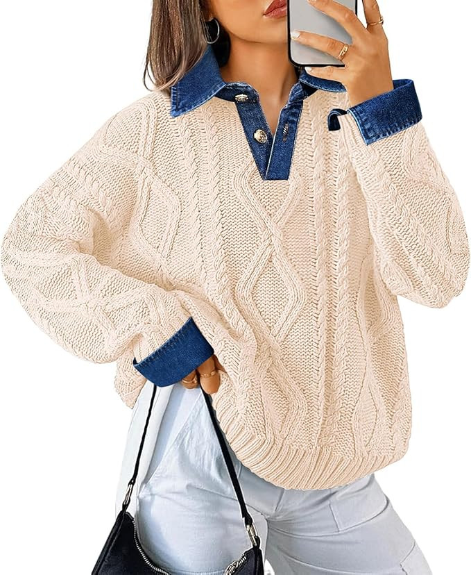 Soesdemo Womens Oversized Cable Knit Sweaters Chunky Long Sleeve Button Up Denim Polo Neck Knit P... | Amazon (US)