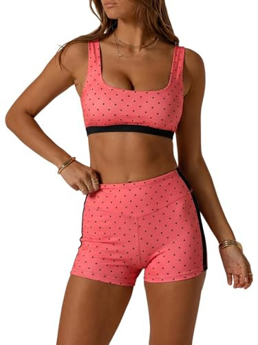 SOLY HUX Polka Dots Workout Sets for Women 2 Piece Yoga Outfits Sports Bra High Waist Biker Shorts Activewear Tracksuit Watermelon Pink Polka Dots Large | Amazon (US)