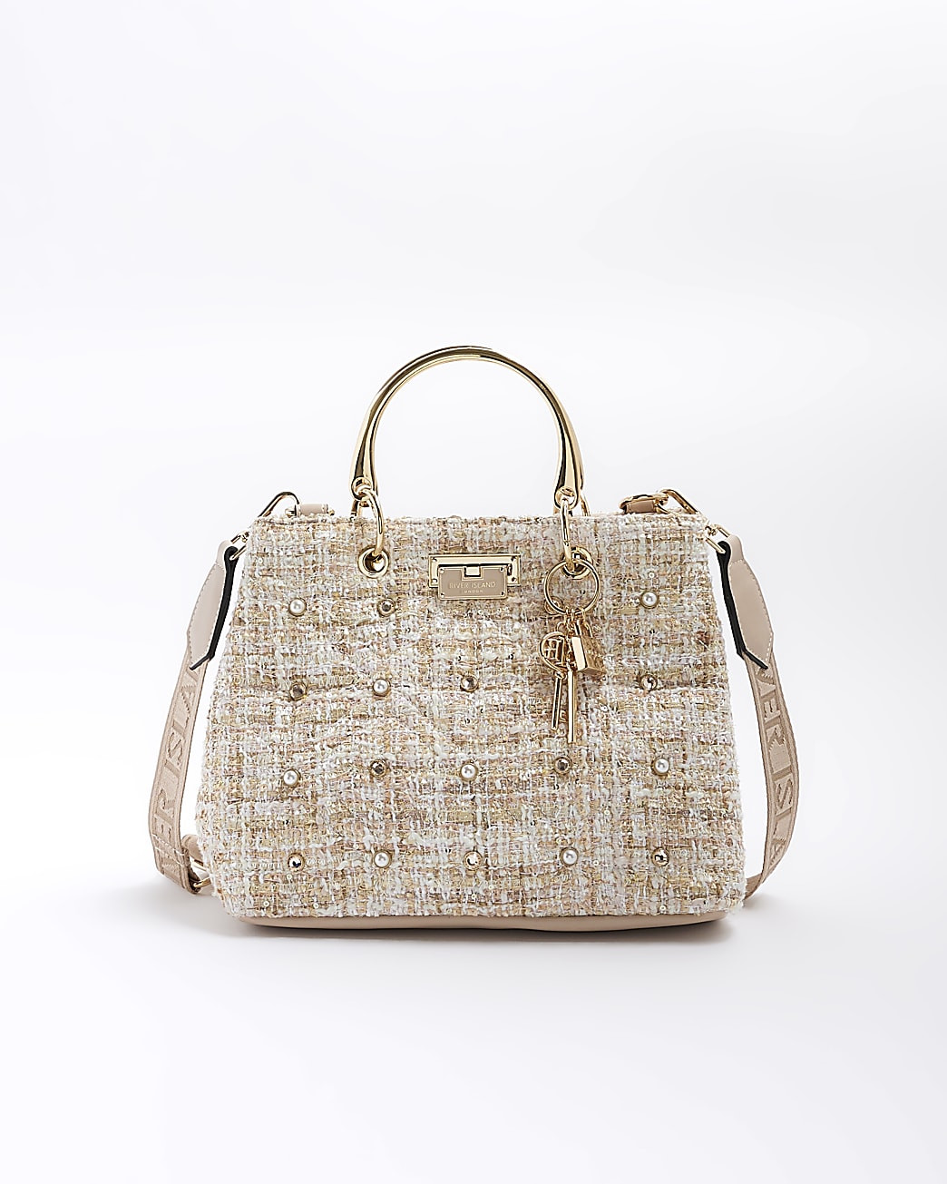 Cream boucle studded tote bag | River Island (UK & IE)
