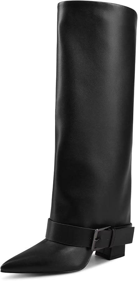 Knee High Boots Women Fold Over Chunky High Heel Wide Calf Pointed Toe Boots Belt Buckle Fall Lon... | Amazon (US)