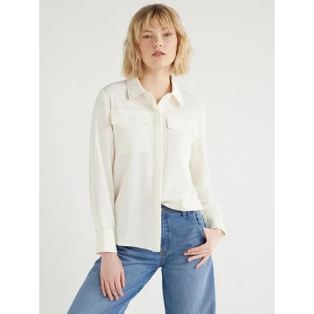 Scoop Women's Ultimate Button Down Blouse with Two Pockets, Sizes XS-XXL | Walmart (US)