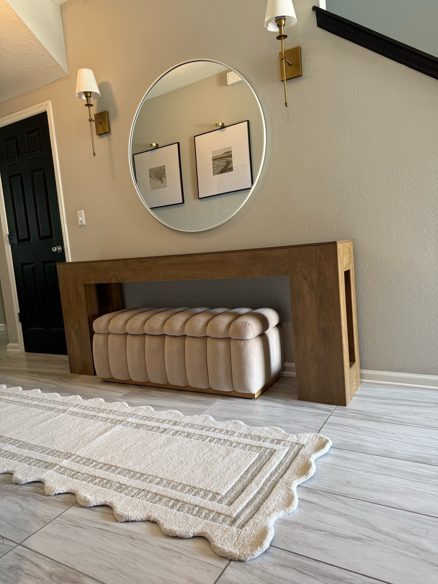 This gorgeous designer inspired console table is back in stock! Can’t believe the price for the size and quality 🔥 

Console table, Loloi runner, entryway inspo, oversized mirror, designer inspired home finds