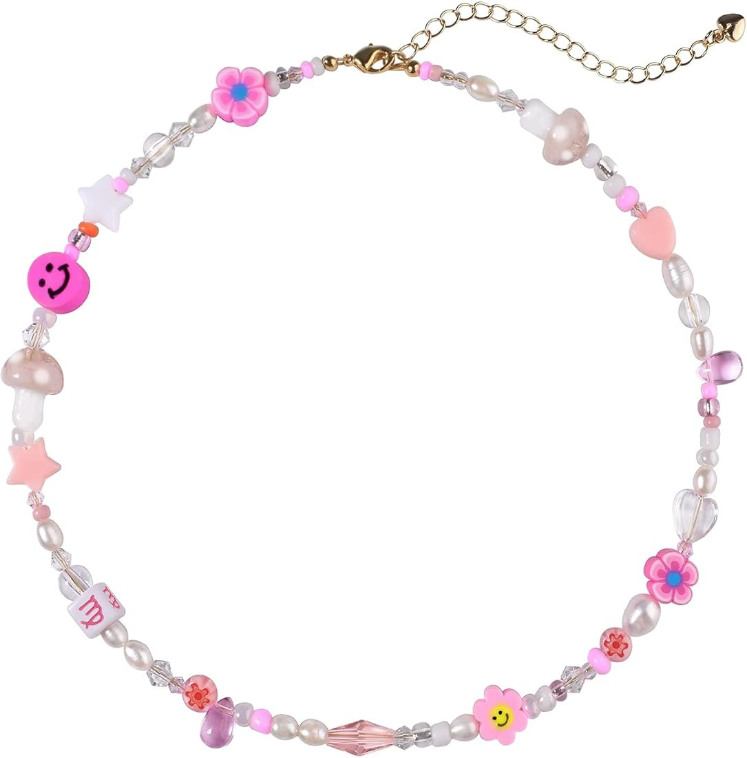 Beaded Necklace Y2K Zodiac Necklaces Pearl Choker For Women Teen Girls Cute Bead Old English Zodi... | Amazon (US)
