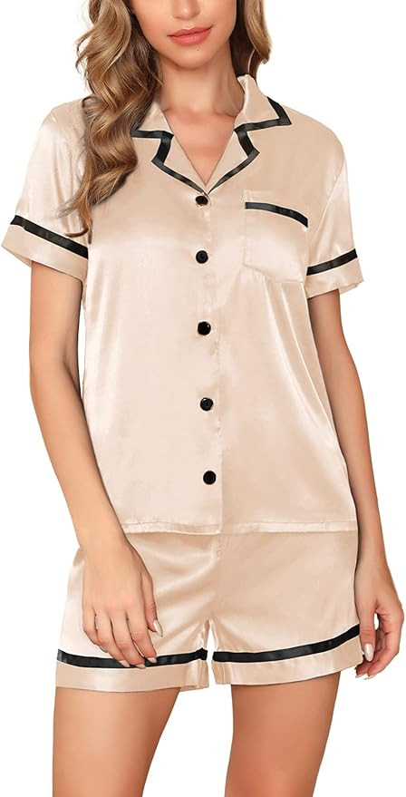 SWOMOG Women's Silk Satin Pajama Set Short Sleeve Button-Down Sleepwear With Shorts 2 Piece Pj Se... | Amazon (US)
