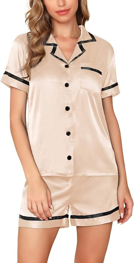 SWOMOG Women's Silk Satin Pajama Set Short Sleeve Button-Down Sleepwear With Shorts 2 Piece Pj Se... | Amazon (US)
