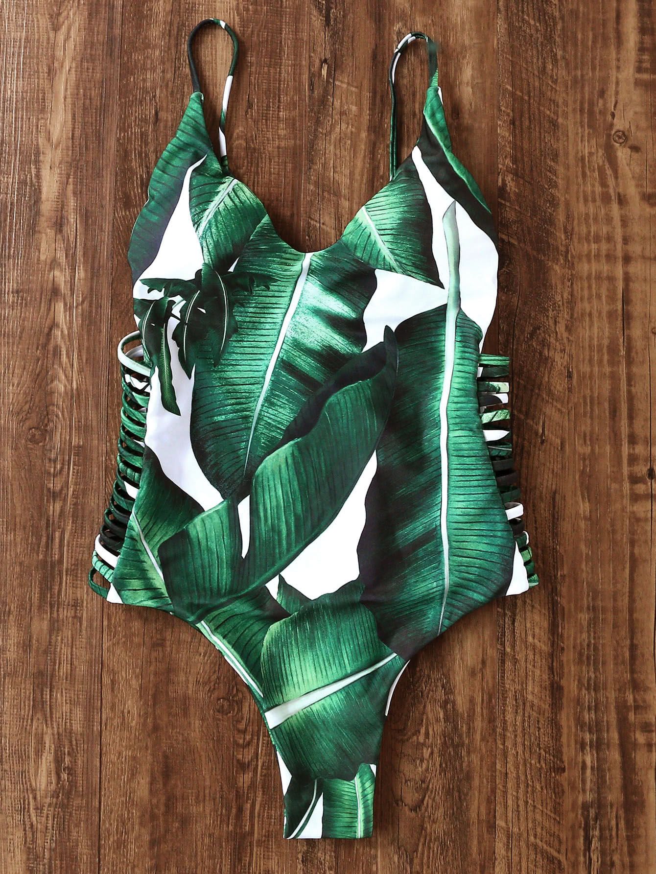 Green Leaf Print Ladder Cutout One-Piece Swimwear | SHEIN