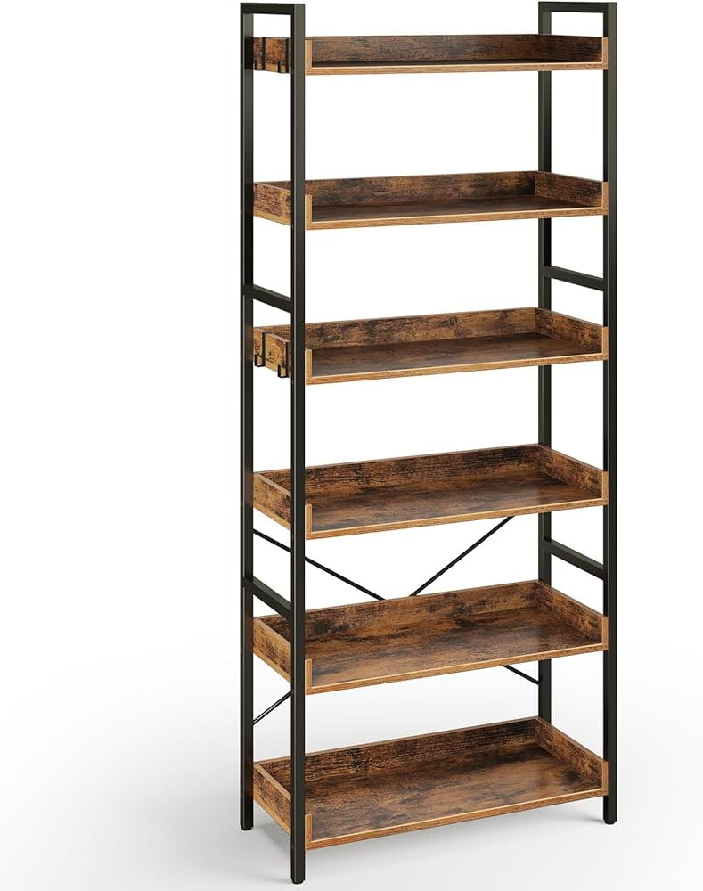 Rolanstar Bookshelf 6 Tier with 4 Hooks, Industrial Bookcase, Vintage Storage Rack with Open Shel... | Amazon (US)