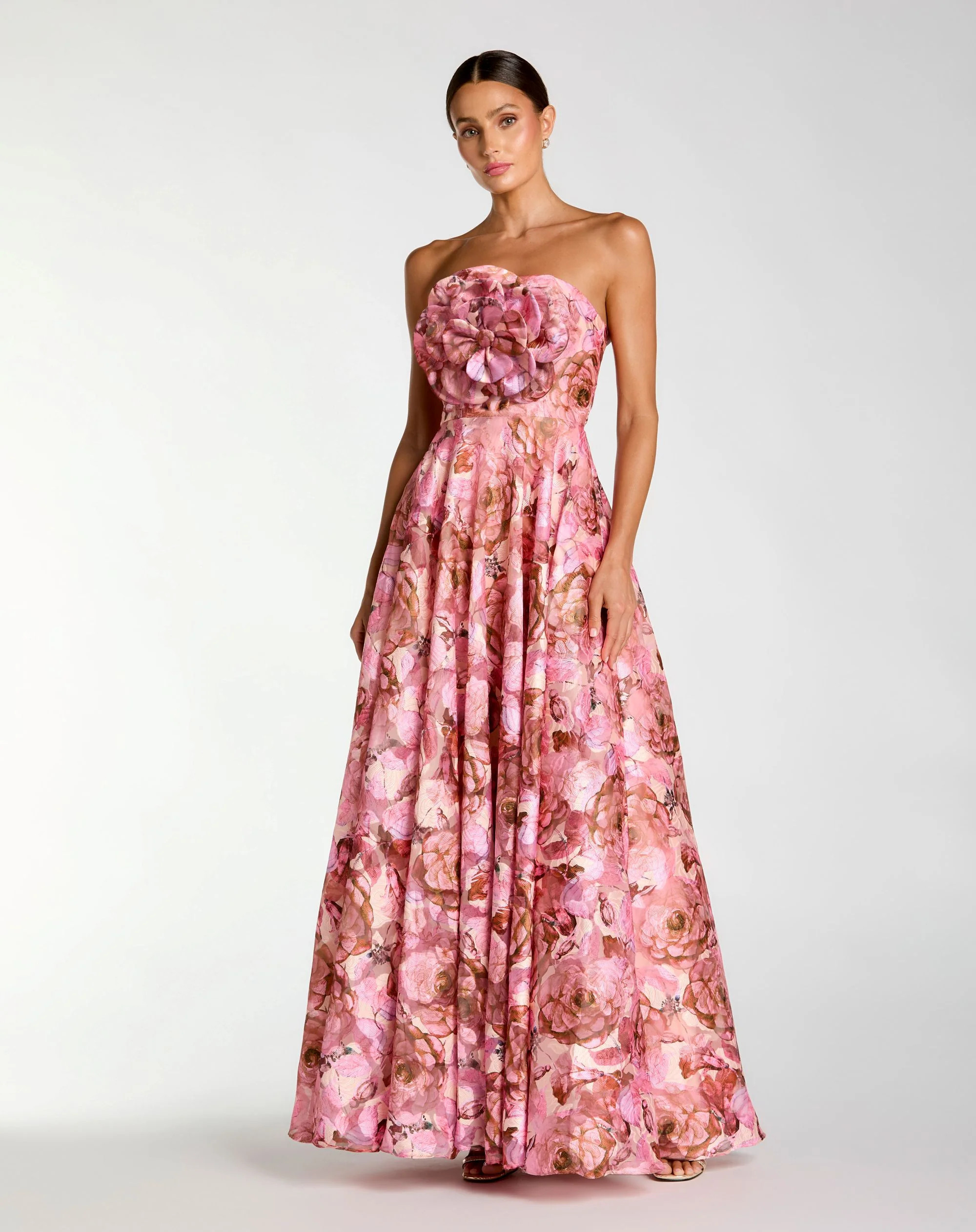 Pink Strapless Floral Printed A-Line Gown With 3D Flower | Mac Duggal | Mac Duggal
