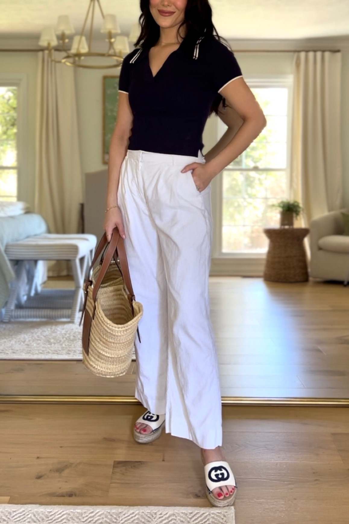 Navy polo short sleeve knit / white linen Abercrombie trousers (short version!) / Gucci slides / medium Loewe basket tote