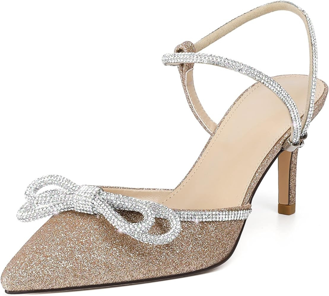 Susanny Women's Closed Toe Rhinstone Wedding Low Heel Slingback Clear Kitten Heels,Adjustable Str... | Amazon (US)