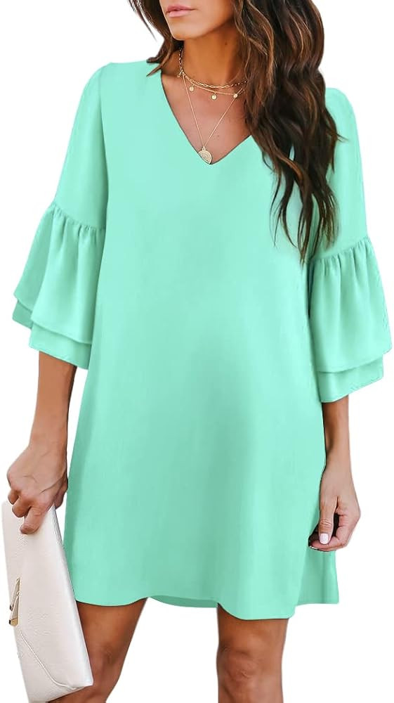 BELONGSCI Women's Dress Sweet & Cute V-Neck Bell Sleeve Shift Dress Mini Dress | Amazon (US)