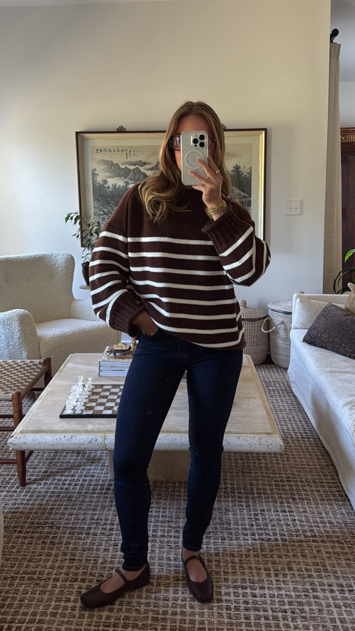 9/8/25 Casual fall OOTD 🍂 Wearing my striped brown sweater from J.Crew with my new FRAME dark wash skinny jeans, styled with Amazon ballet flats + my Amazon oval fashion glasses. Cozy, classic, and perfect for everyday fall style 🤎✨

#LTKStyleTip #LTKShoeCrush