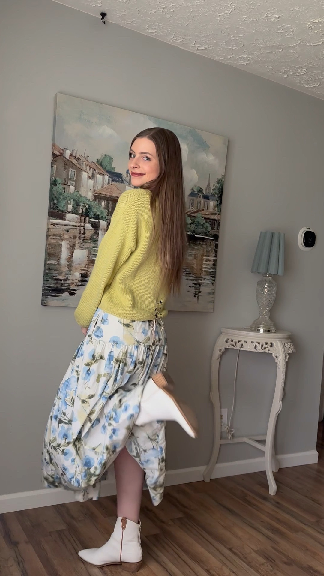 OOTD 4/12/25

Layering for spring, skirts with western boots, sweaters with skirts, dressing warm for spring, tall girl friendly style, 5’9” tall girl spring outfit, white and blue floral midi maxi skirt,white ankle boots, white western boots, chartreuse sweater, lace up sweater detail top, light green sweater

#LTKStyleTip #LTKSeasonal #LTKFindsUnder100