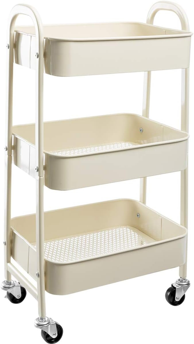 AGTEK Makeup Cart, Movable Rolling Organizer Cart,3 Tier Metal Utility Cart, Beige | Amazon (US)