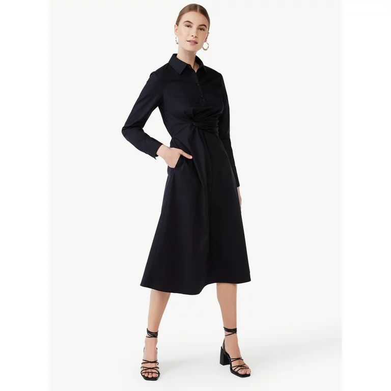 Scoop Women's Side Knot Poplin Midi Shirt Dress with Long Sleeves, Sizes XS-XXL | Walmart (US)