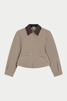 CONTRAST COLLAR CINCHED WAIST JACKET - BEIGE | The Couture Club