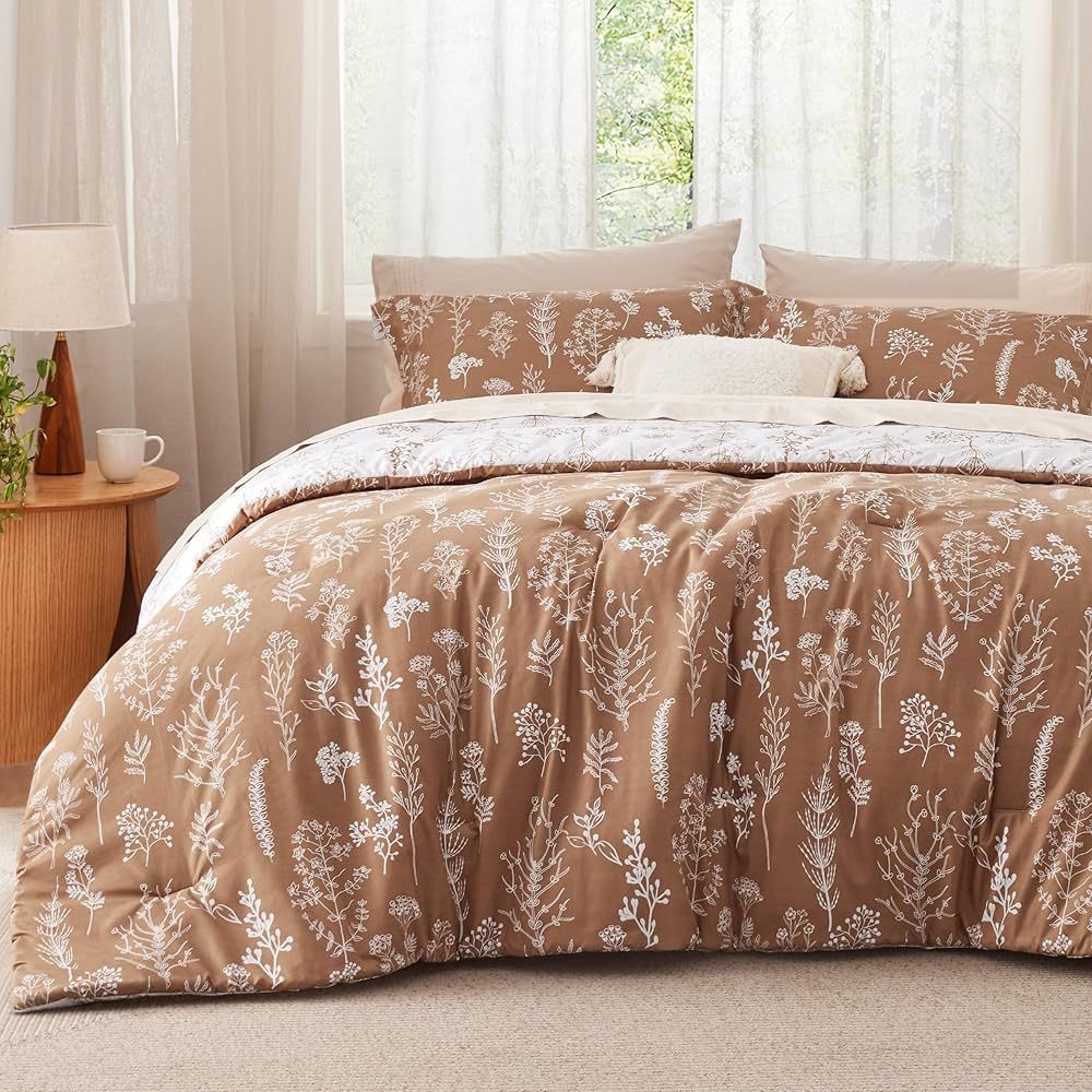 Bedsure King Comforter Set - Taupe Comforter, Cute Floral Bedding Comforter Sets, 3 Pieces, 1 Sof... | Amazon (US)