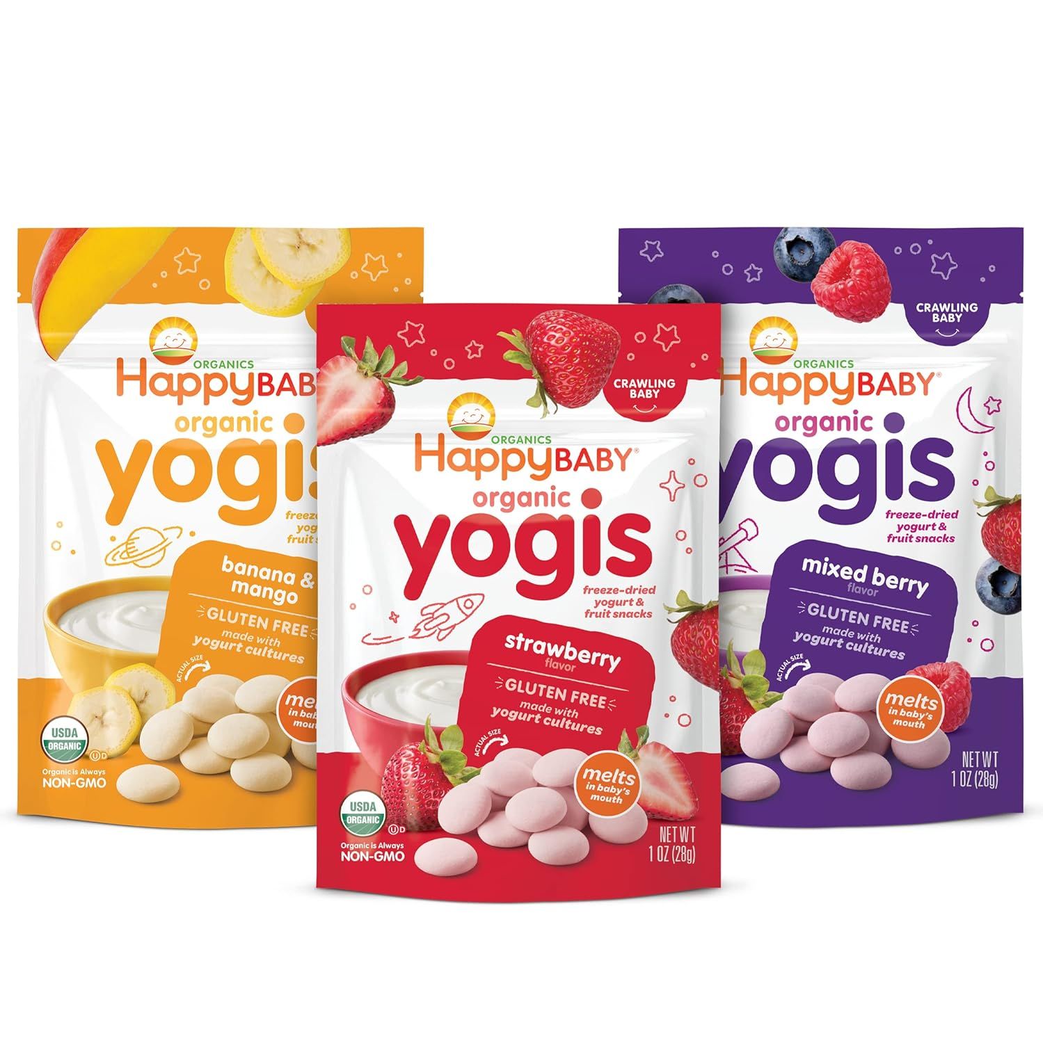 Happy Baby Organics Yogis Freeze-Dried Yogurt & Fruit Snacks, 3 Flavor Variety Pack, 1 Ounce (Pac... | Amazon (US)