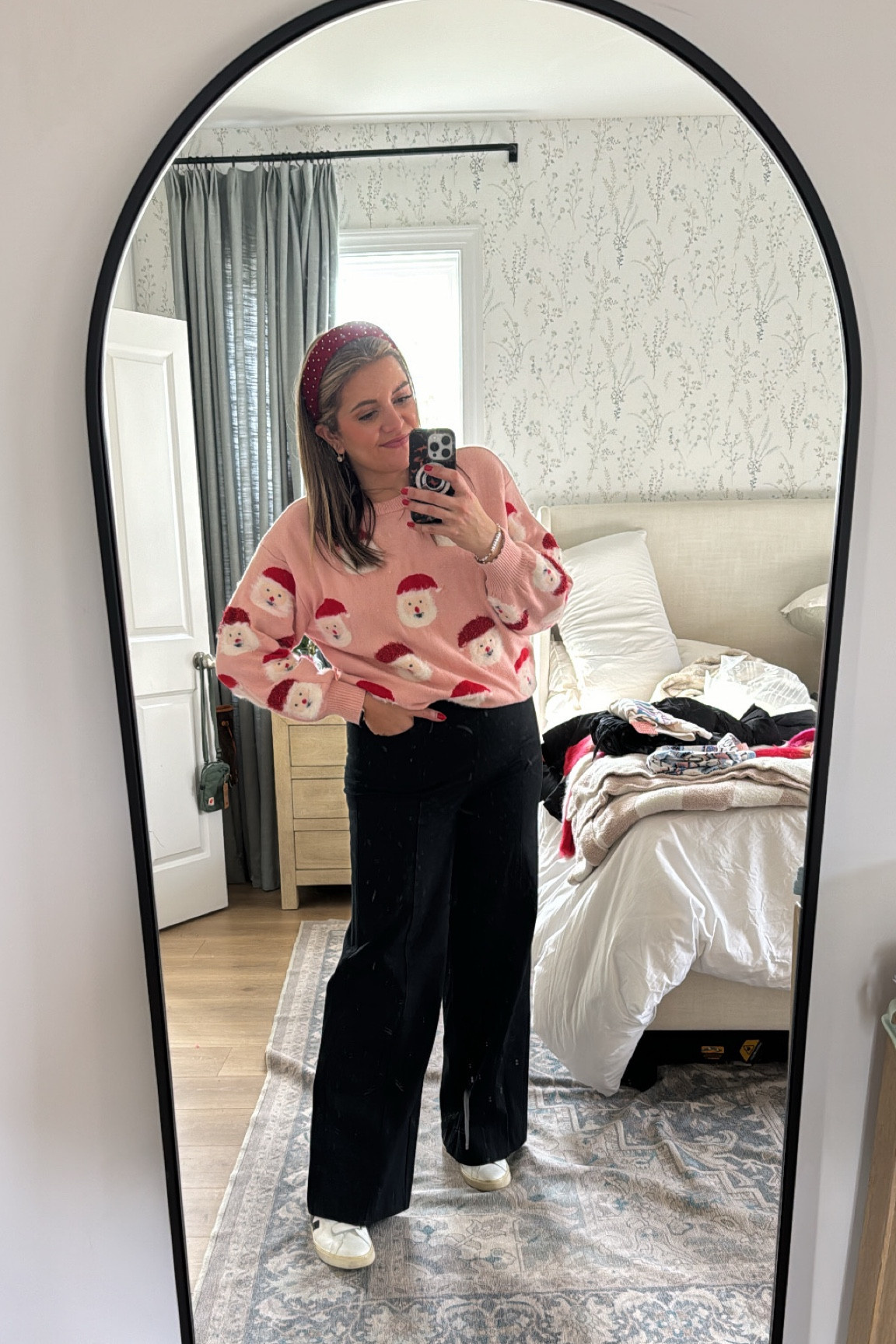 Festive outfit of the day: Santa sweater, jeweled headband, and my favorite wide leg pants! Everything fits tts! 

#LTKfindsunder50 #LTKHoliday #LTKfindsunder100